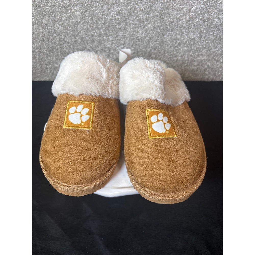 Clemson Tigers Slippers Womens size 5/6 Brown Faux Suede Faux Fur Paw Print Logo
